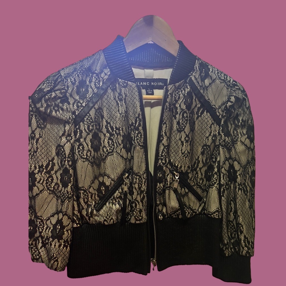 Blanc Noir Black Lace Bomber Jacket NWOT
